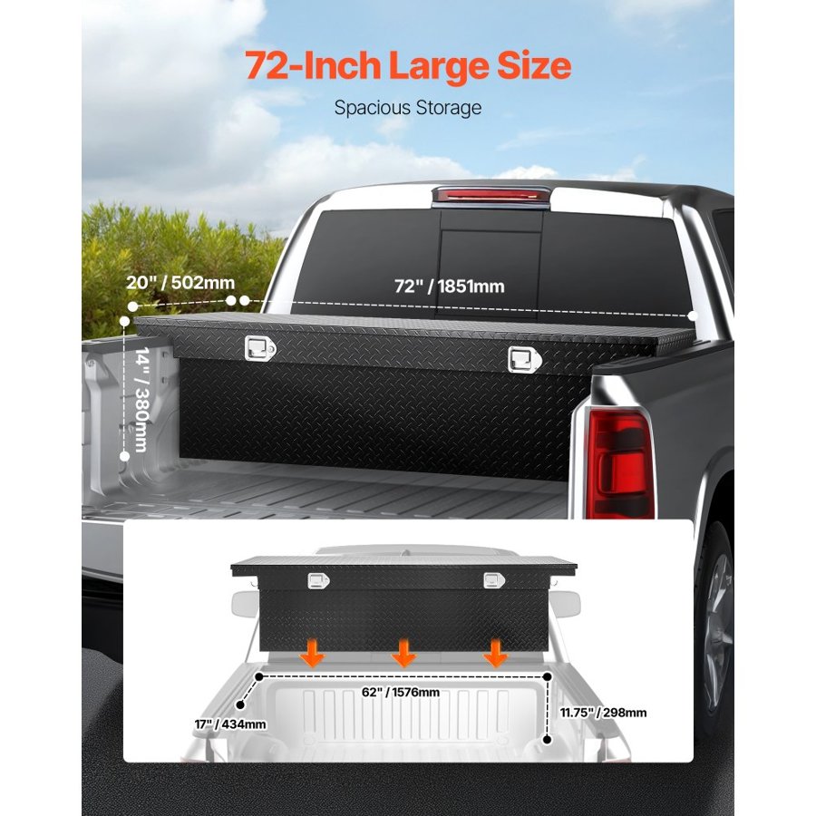 VEVOR Crossover Truck Tool Box, 72x20x14 In, Heavy Duty Aluminum Toolbox with Diamond Texture, Pick Up Truck Bed RV Trailer Toolbox, Waterproof Storage Organizer with Lock, Keys, Side Handles, Black