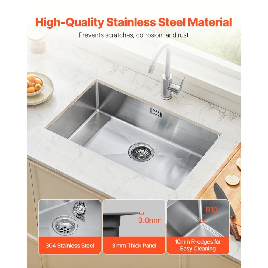 VEVOR 76cm Kitchen Sink Workstation, 304 Stainless Steel Undermount Sinks, Drop-In Single Bowl Farmhouse Basin with Accessories, Household Dishwasher Sinks for RV, Prep Kitchen, Laundry Room, Bar
