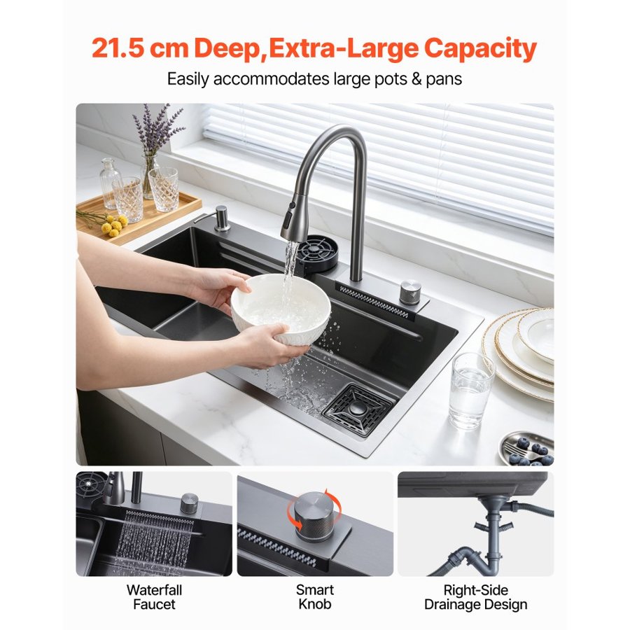 VEVOR 85cm Kitchen Top Mount Single Bowl Sinks, Stainless Steel Drop-In Farmhouse Basin with Ledge & Accessories, Household Dishwasher Sinks for RV, Prep Kitchen, Laundry Room, Bar
