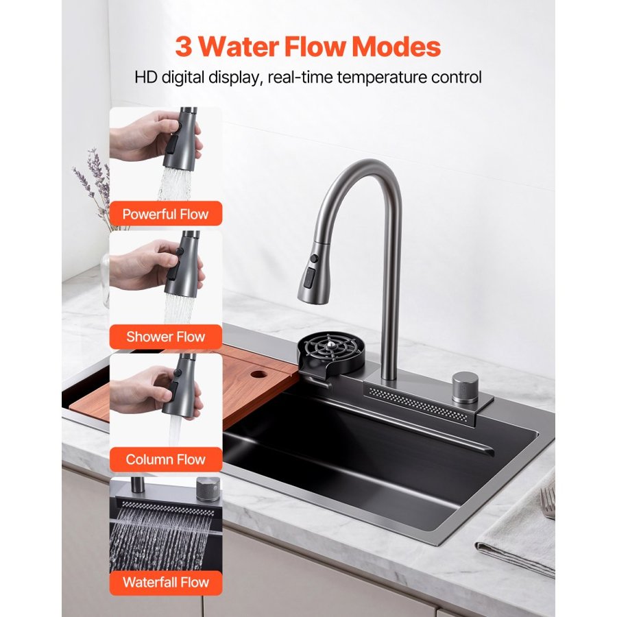 VEVOR 85cm Kitchen Top Mount Single Bowl Sinks, Stainless Steel Drop-In Farmhouse Basin with Ledge & Accessories, Household Dishwasher Sinks for RV, Prep Kitchen, Laundry Room, Bar
