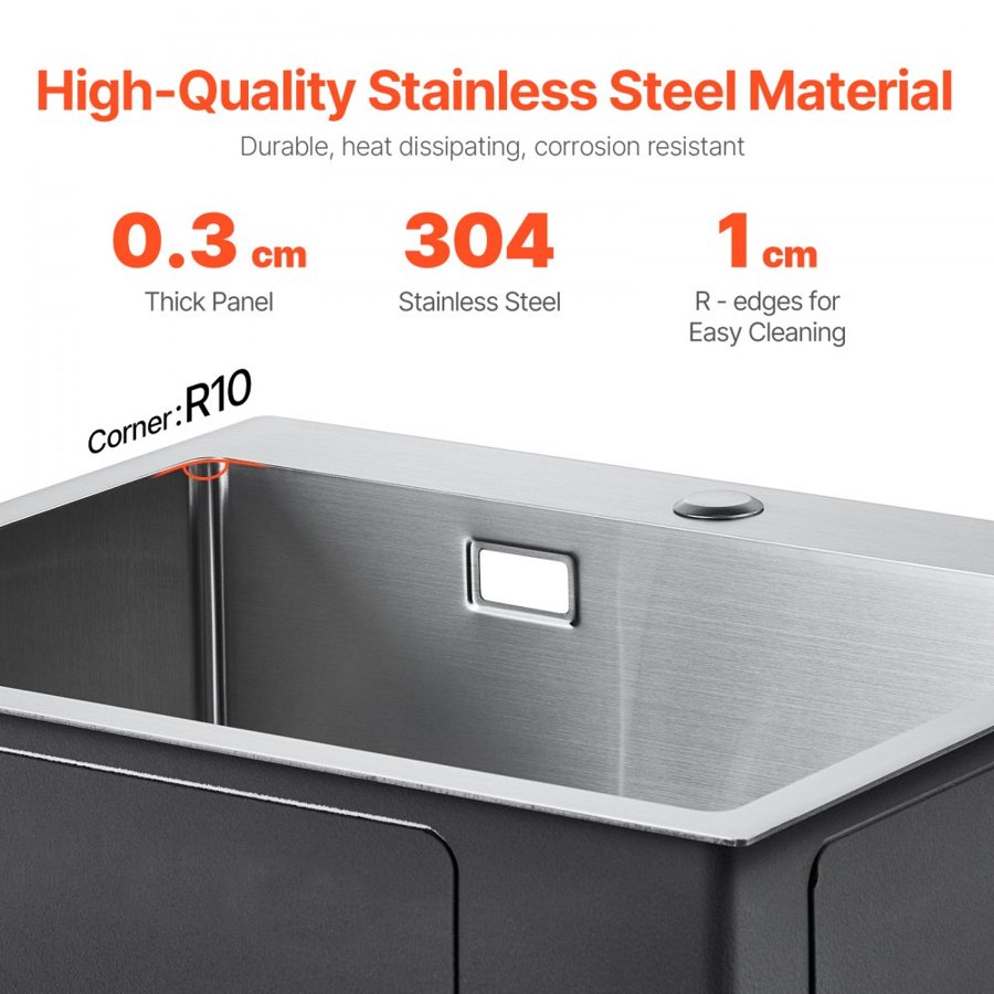 VEVOR 40cm Kitchen Sink Workstation, 304 Stainless Steel Top Mount Sinks, Drop-In Single Bowl Farmhouse Basin with Accessories, Household Dishwasher Sinks for RV, Prep Kitchen, Laundry Room, Bar