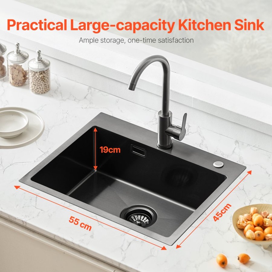VEVOR 55cm Kitchen Sink Workstation, 304 Stainless Steel Top Mount Sinks, Drop-In Single Bowl Farmhouse Basin with Accessories, Household Dishwasher Sinks for RV, Prep Kitchen, and Bar (Black)