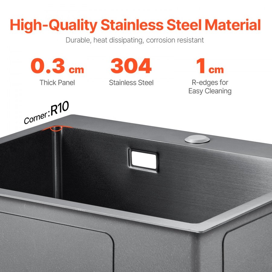 VEVOR 55cm Kitchen Sink Workstation, 304 Stainless Steel Top Mount Sinks, Drop-In Single Bowl Farmhouse Basin with Accessories, Household Dishwasher Sinks for RV, Prep Kitchen, and Bar (Black)