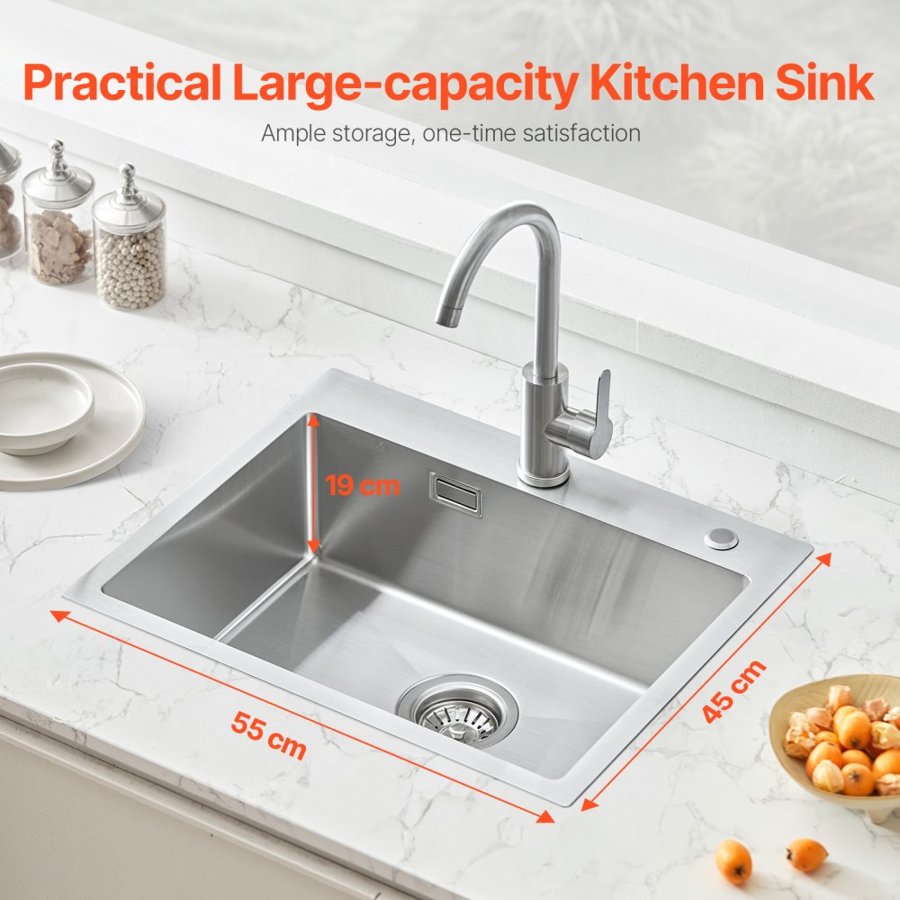 VEVOR 55cm Kitchen Sink Workstation, 304 Stainless Steel Top Mount Sinks, Drop-In Single Bowl Farmhouse Basin with Accessories, Household Dishwasher Sinks for RV, Prep Kitchen, Laundry Room, Bar