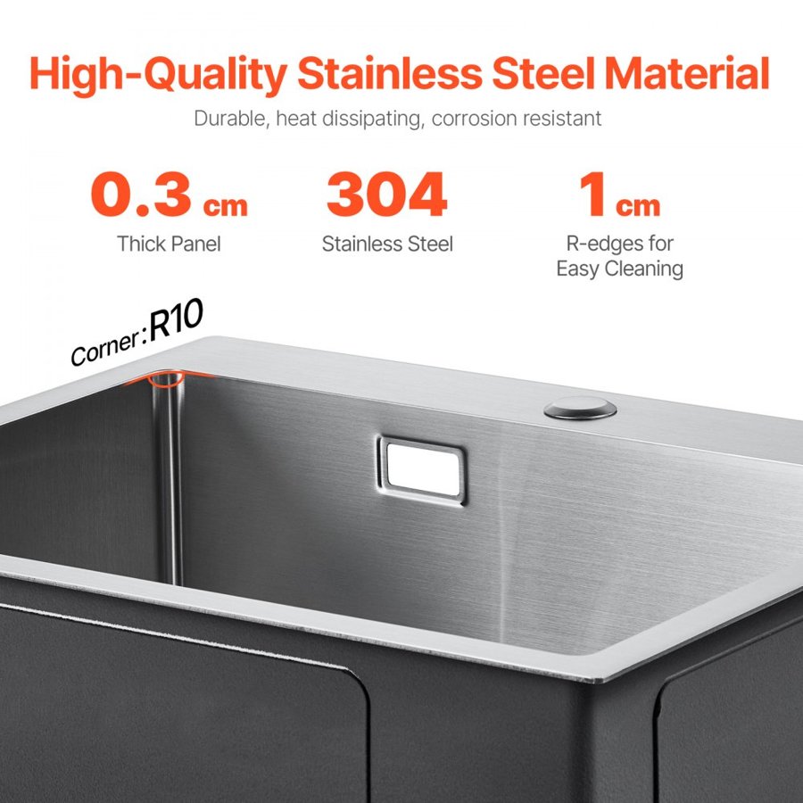VEVOR 68cm Kitchen Sink Workstation, 304 Stainless Steel Top Mount Sinks, Drop-In Single Bowl Farmhouse Basin with Accessories, Household Dishwasher Sinks for RV, Prep Kitchen, Laundry Room, Bar