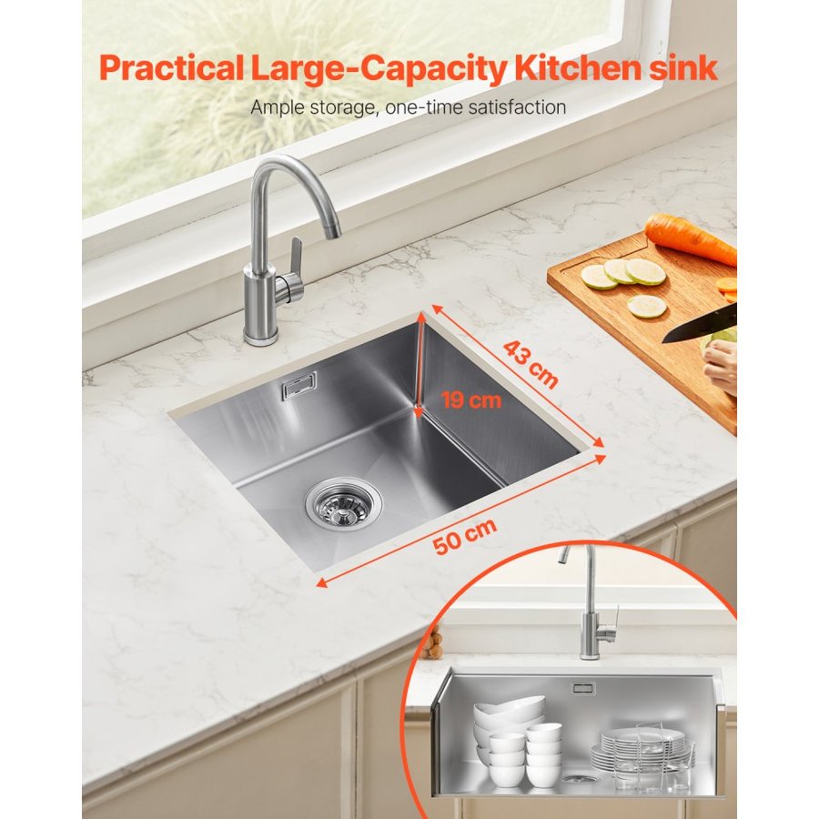 VEVOR 50cm Kitchen Sink Workstation, 304 Stainless Steel Undermount Sinks, Drop-In Single Bowl Farmhouse Basin with Accessories, Household Dishwasher Sinks for RV, Prep Kitchen, Laundry Room, Bar