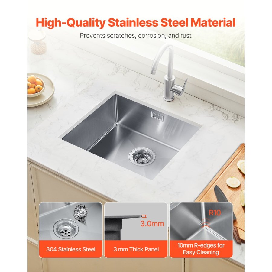 VEVOR 50cm Kitchen Sink Workstation, 304 Stainless Steel Undermount Sinks, Drop-In Single Bowl Farmhouse Basin with Accessories, Household Dishwasher Sinks for RV, Prep Kitchen, Laundry Room, Bar