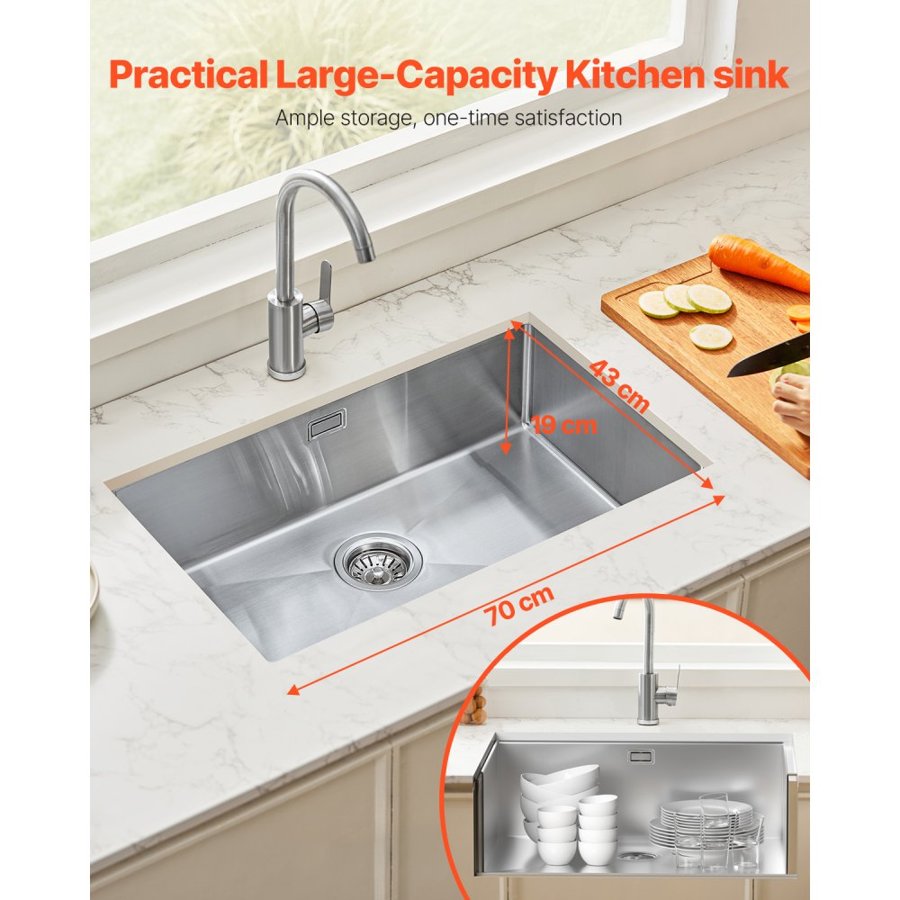 VEVOR 70cm Kitchen Sink Workstation, 304 Stainless Steel Undermount Sinks, Drop-In Single Bowl Farmhouse Basin with Accessories, Household Dishwasher Sinks for RV, Prep Kitchen, Laundry Room, Bar