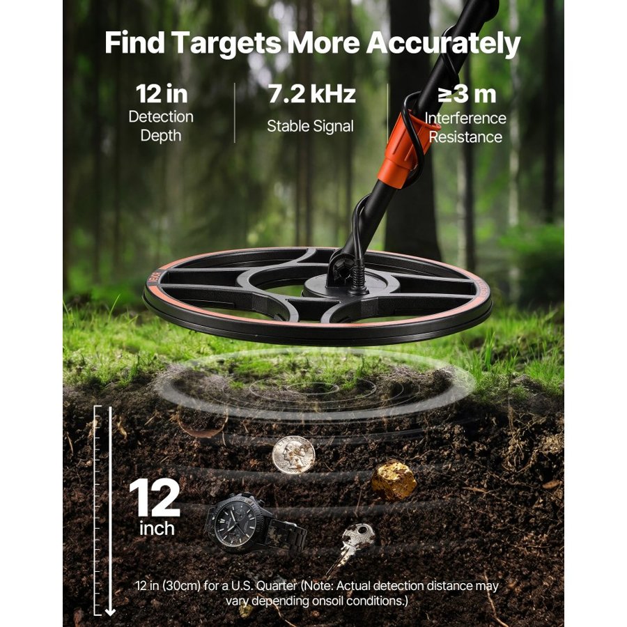 VEVOR Professional Metal Detector – 12", IP68, 7.2kHz, DC 6V
