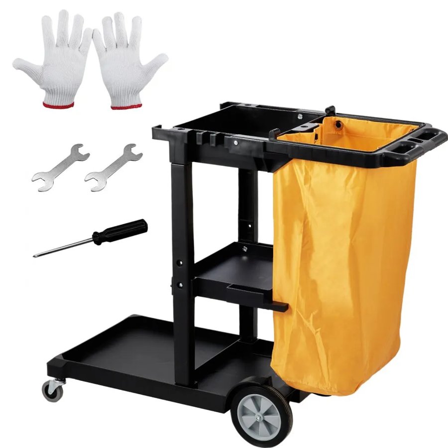 VEVOR Cleaning Cart, 3-Shelf Commercial Janitorial Cart, 200 lbs Capacity Plastic Housekeeping Cart, with 25 Gallon PVC Bag, 120 x 51 x 98 cm, Yellow+Black