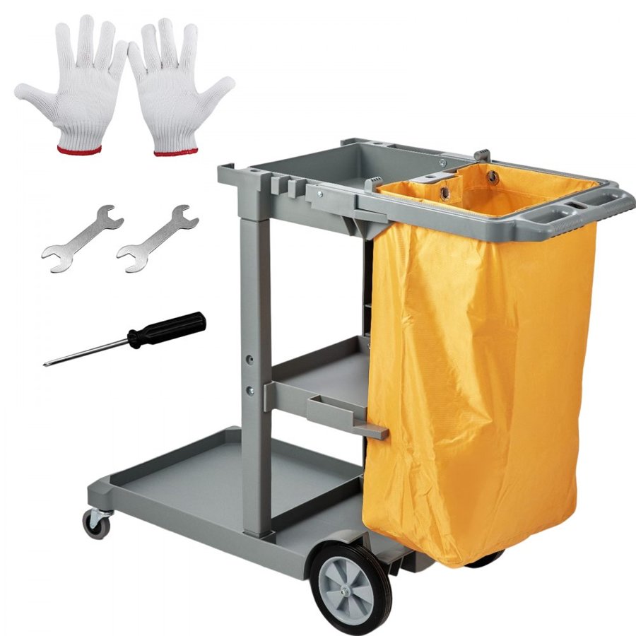 VEVOR Cleaning Cart, 3-Shelf Commercial Janitorial Cart, 200 lbs Capacity Plastic Housekeeping Cart, with 25 Gallon PVC Bag, 120 x 51 x 98 cm, Yellow+Grey