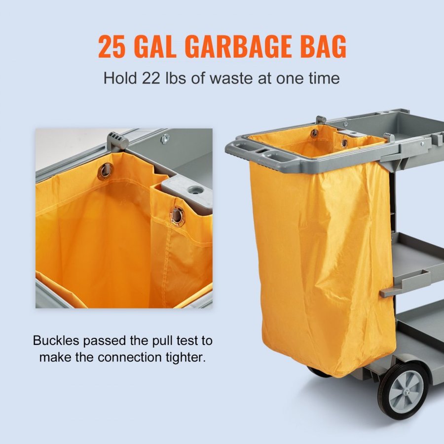 VEVOR Cleaning Cart, 3-Shelf Commercial Janitorial Cart, 200 lbs Capacity Plastic Housekeeping Cart, with 25 Gallon PVC Bag, 120 x 51 x 98 cm, Yellow+Grey