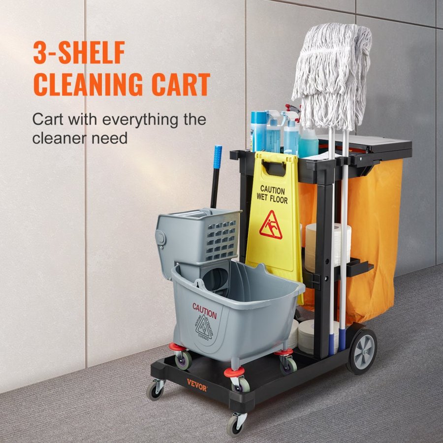 VEVOR Cleaning Cart, 3-Shelf Commercial Janitorial Cart, 200 lbs Capacity Plastic Housekeeping Cart, with 25 Gallon PVC Bag and Cover, 120 x 51 x 98 cm, Yellow+Black