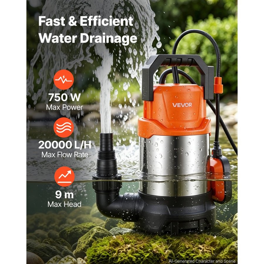 VEVOR Submersible Water Pump 750W 20000 L/H Sump Pump with Float Switch, Portable Water Removal, Thermoplastic Material, for Swimming Pool Draining Garden Ponds Hot Tubs Basements, IPX8 Waterproof