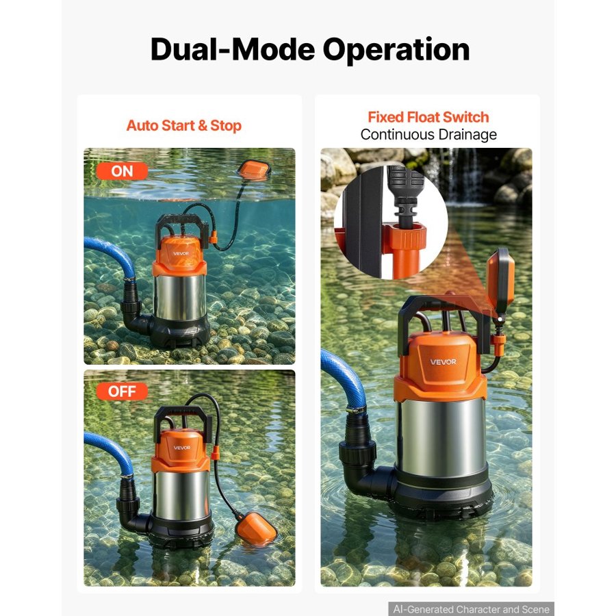VEVOR Submersible Water Pump 750W 20000 L/H Sump Pump with Float Switch, Portable Water Removal, Thermoplastic Material, for Swimming Pool Draining Garden Ponds Hot Tubs Basements, IPX8 Waterproof