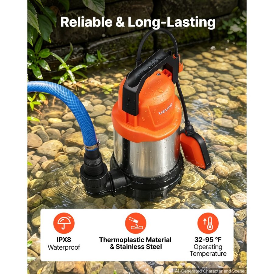 VEVOR Submersible Water Pump 750W 20000 L/H Sump Pump with Float Switch, Portable Water Removal, Thermoplastic Material, for Swimming Pool Draining Garden Ponds Hot Tubs Basements, IPX8 Waterproof
