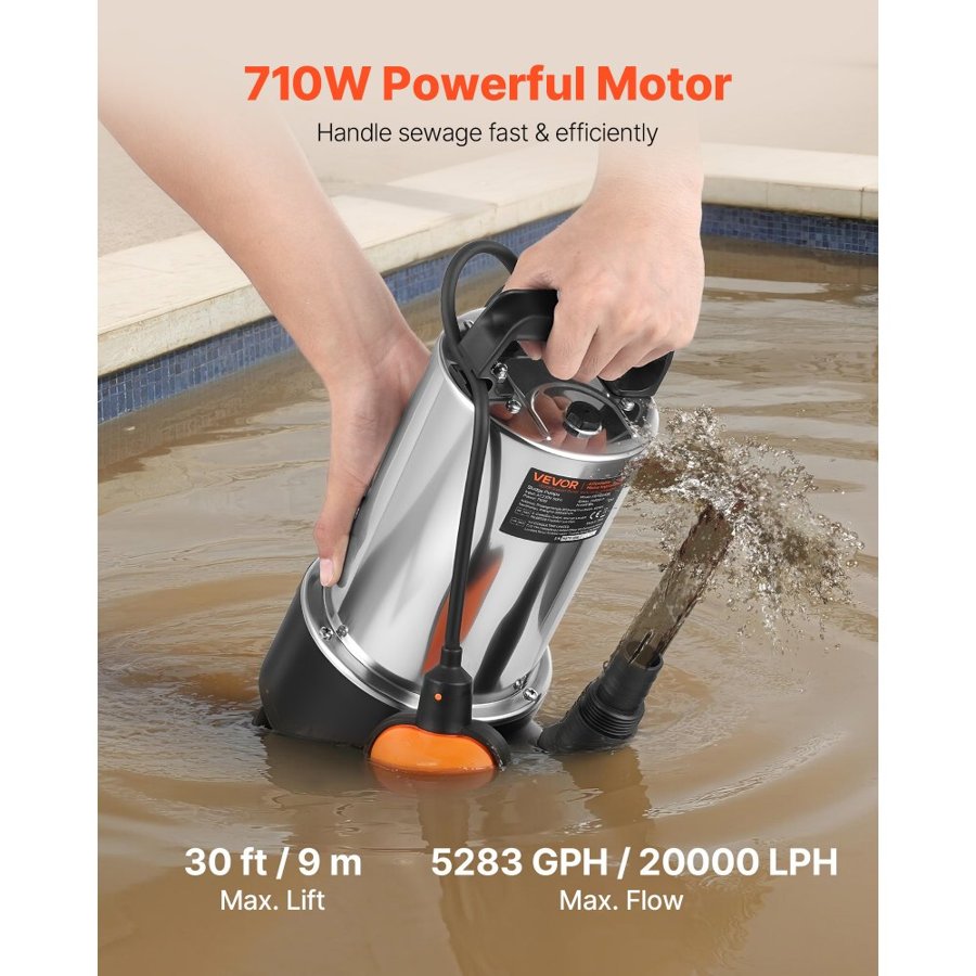 VEVOR 710W Submersible Sump Pump, 20000 L/H, Stainless Steel Submersible Sewage Dirty Clean Water Pump with Automatic Float Switch, Long Cord, 9M Max Lift, for Pools, Garden, Pond, Flooded Areas