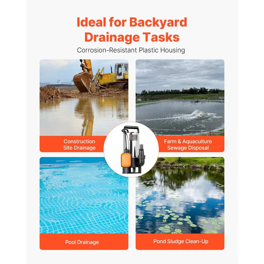 VEVOR 710W Submersible Sump Pump, 20000 L/H, Stainless Steel Submersible Sewage Dirty Clean Water Pump with Automatic Float Switch, Long Cord, 9M Max Lift, for Pools, Garden, Pond, Flooded Areas