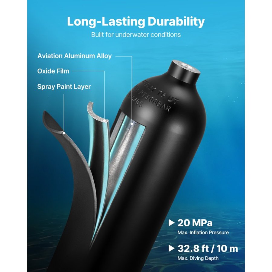 VEVOR 2L Mini Scuba Tank – 10m Depth, Pony Bottle Kit