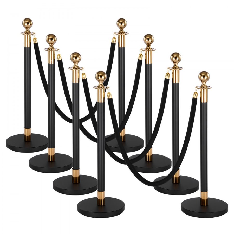 VEVOR Stanchion Post, 8 Pcs Crowd Control Barrier Set with 6 Black Velvet Ropes, Heavy Duty Stainless Steel Stanchion Post Queue with Hollow Base for Theater, Party, Wedding, Exhibition, Event (Black)