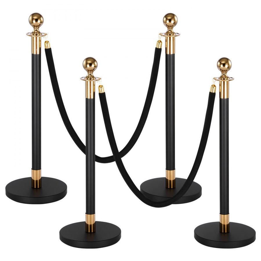 VEVOR Stanchion Post, 4 Pcs Crowd Control Barrier Set with 2 Black Velvet Ropes, Heavy Duty Stainless Steel Stanchion Post Queue with Hollow Base for Theater, Party, Wedding, Exhibition, Event (Black)
