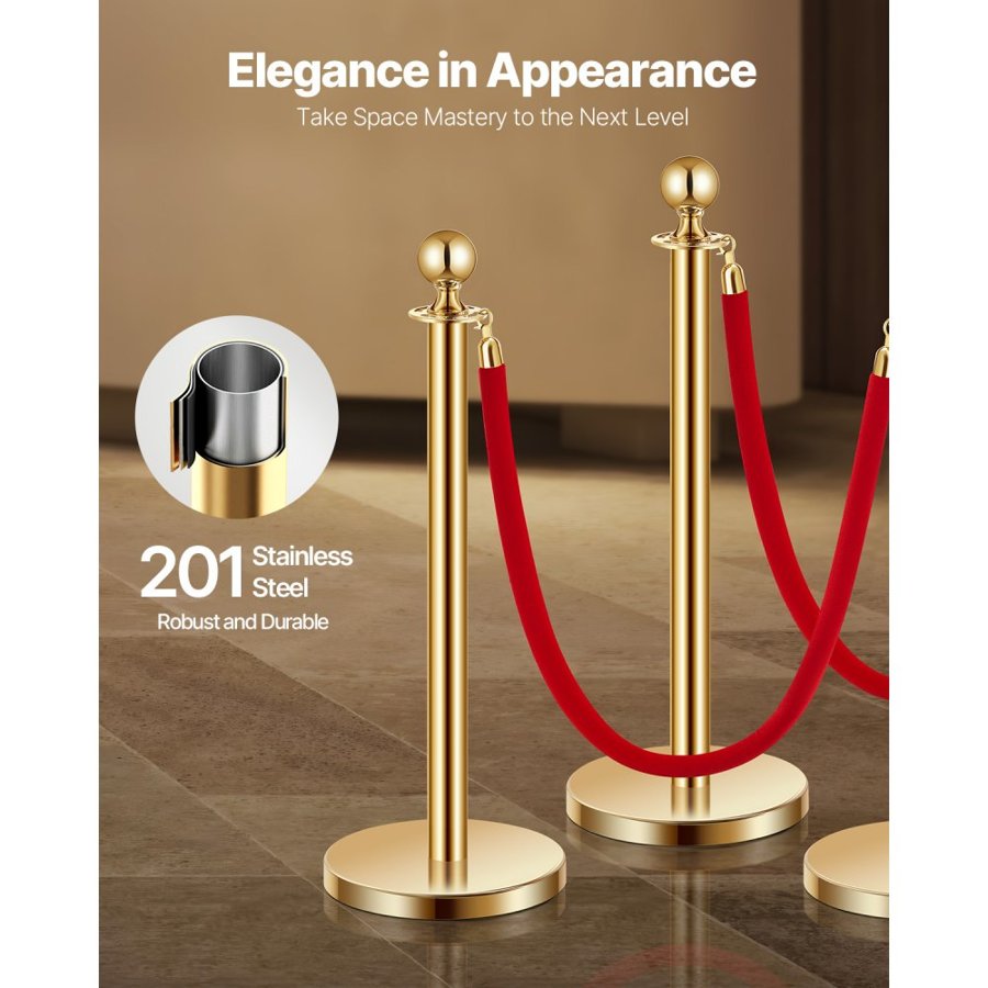 VEVOR Stanchion Post, 4 Pcs Crowd Control Barrier Set with 2 Red Velvet Ropes, 5 ft Stainless Steel Gold Stanchion Post Queue with Sand Injection Hollow Base for Theater, Party, Wedding, Exhibition
