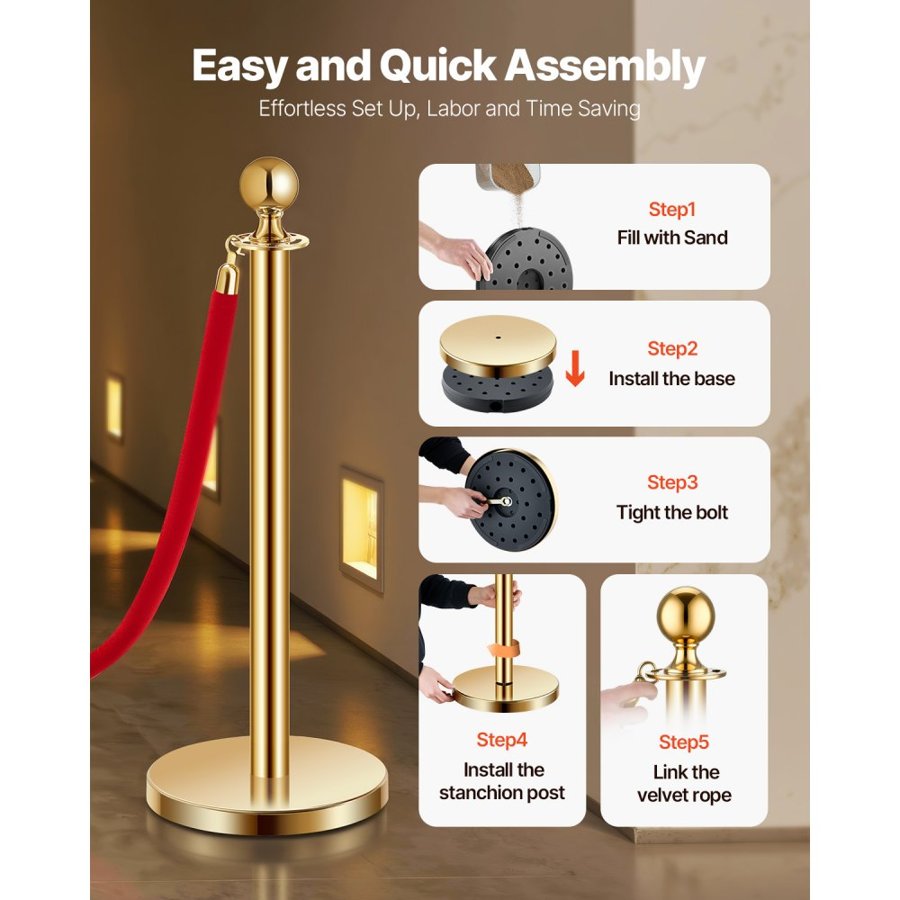 VEVOR Stanchion Post, 4 Pcs Crowd Control Barrier Set with 2 Red Velvet Ropes, 5 ft Stainless Steel Gold Stanchion Post Queue with Sand Injection Hollow Base for Theater, Party, Wedding, Exhibition