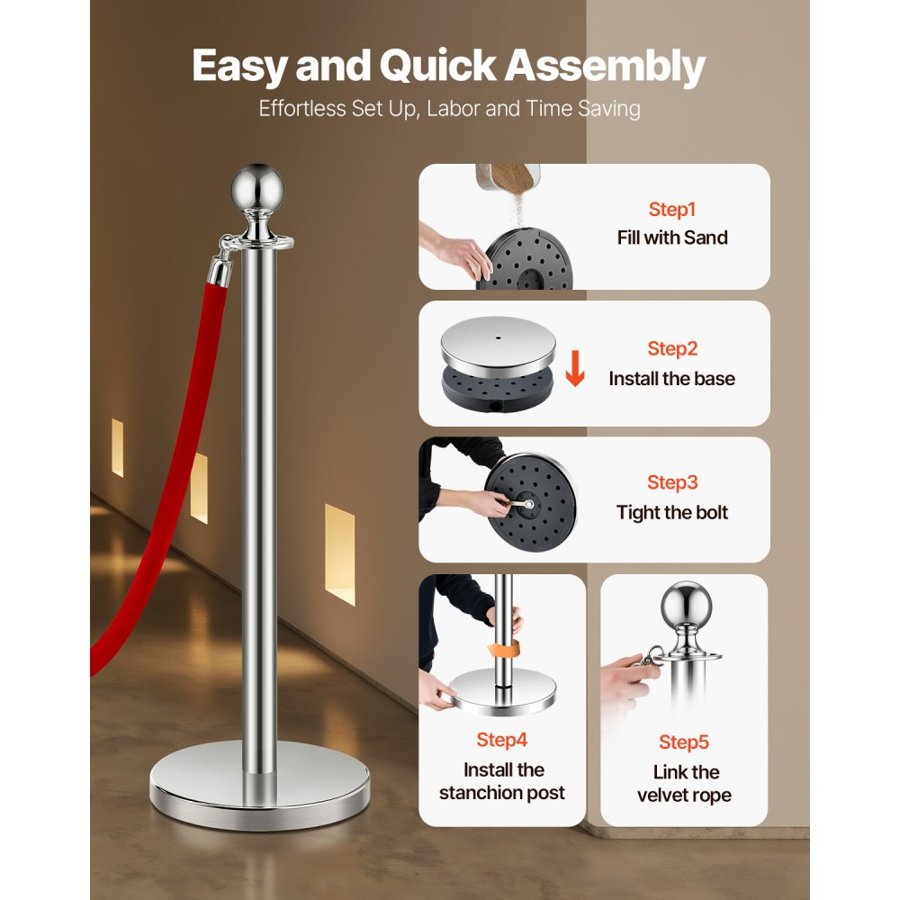 VEVOR Rope and Stanchion - 8Pcs, 7.72 lbs Base, 4.92 ft