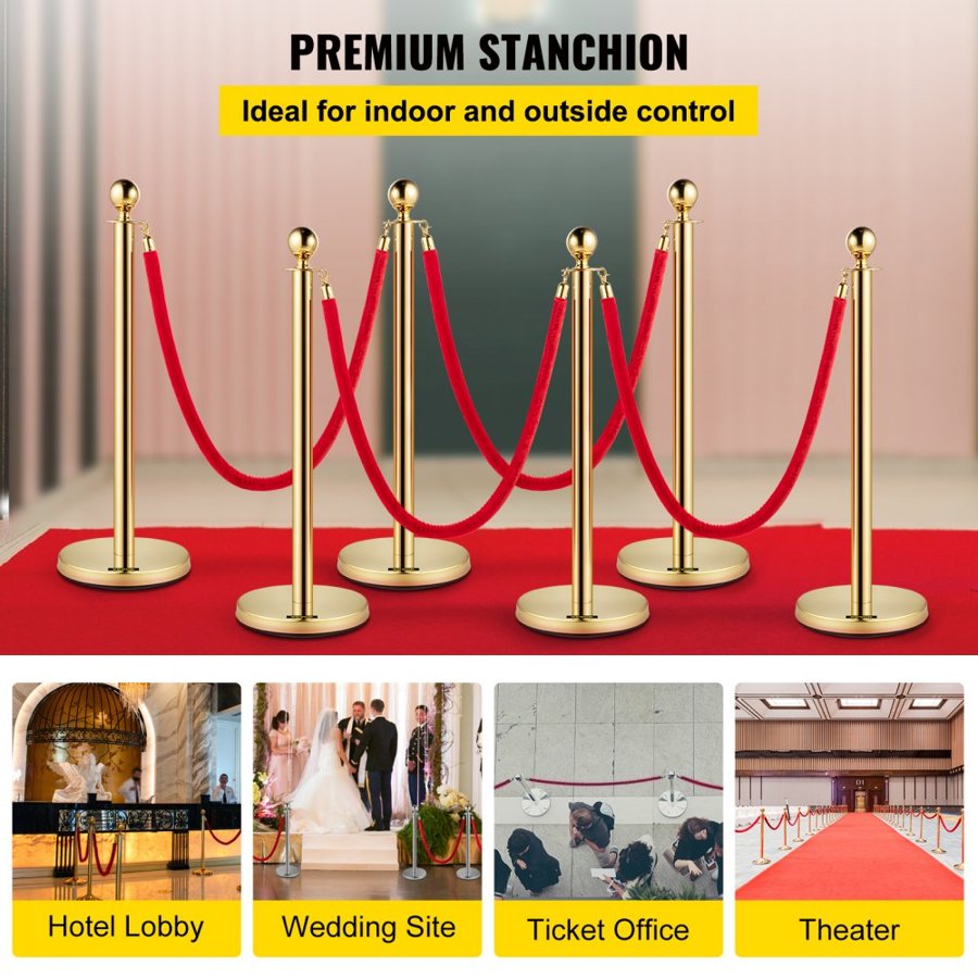 VEVOR Stanchion Post with Velvet Rope, 6-Pack Crowd Control Stanchion with 4PCS 5FT Red Velvet Ropes, Stainless Steel Queue Barrier Line Divider with Ball Top for Events, Museums, Parties