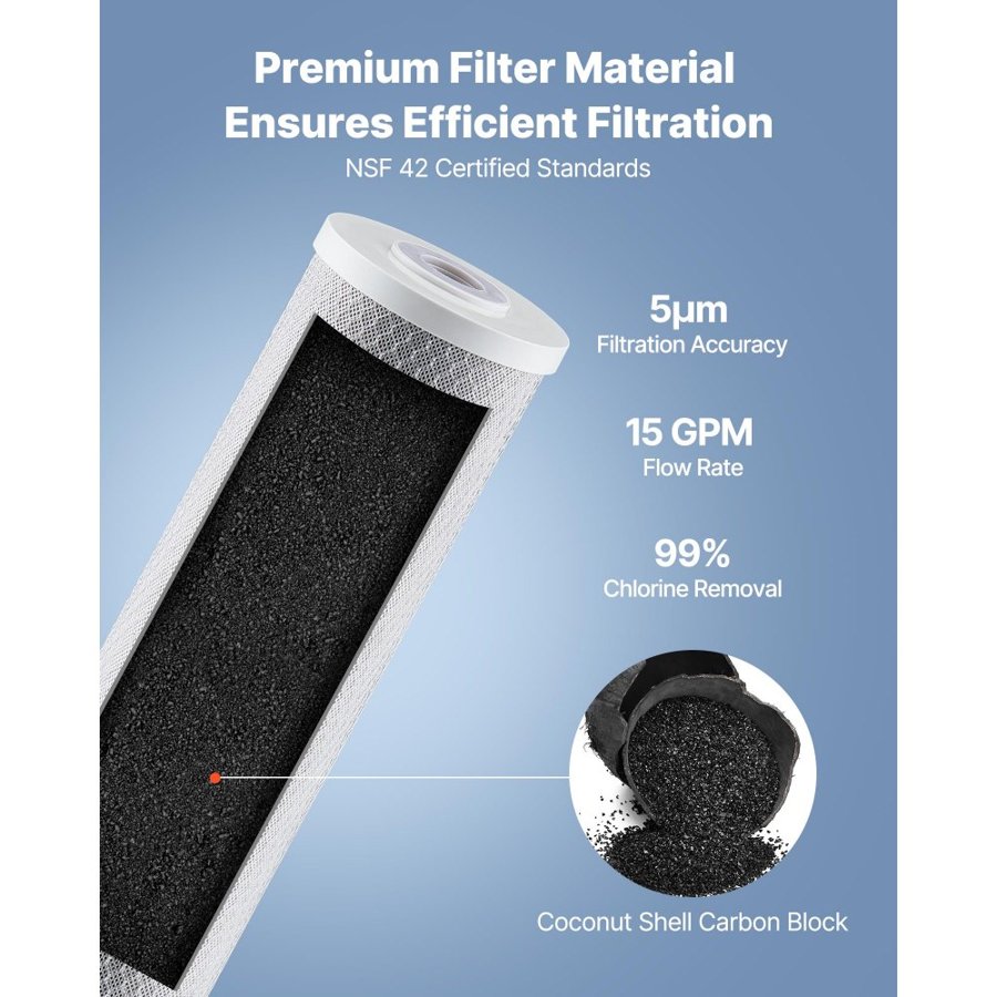 VEVOR Whole House Water Filter Replacement Cartridge, 4.5"x20"(11x51cm) CTO Carbon Block, Replacement Filter for 3-Stage Whole Home Water Filtration System, Reduce Chlorine, Bad Taste, Odor