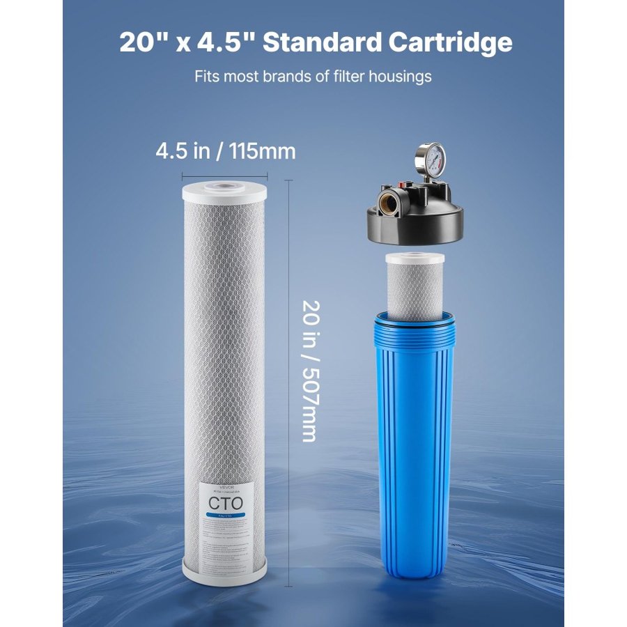 VEVOR Whole House Water Filter Replacement Cartridge, 4.5"x20"(11x51cm) CTO Carbon Block, Replacement Filter for 3-Stage Whole Home Water Filtration System, Reduce Chlorine, Bad Taste, Odor
