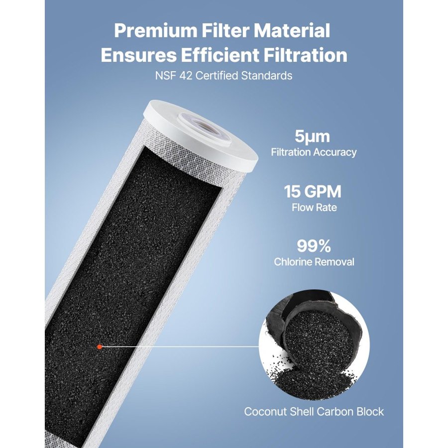VEVOR Whole House Water Filter Replacement Cartridge, 4.5"x20"(11x51cm) CTO Carbon Block, Replacement Filter for Whole Home Water Filtration System, Reduce Chlorine, Bad Taste, Odor, 2 Pack