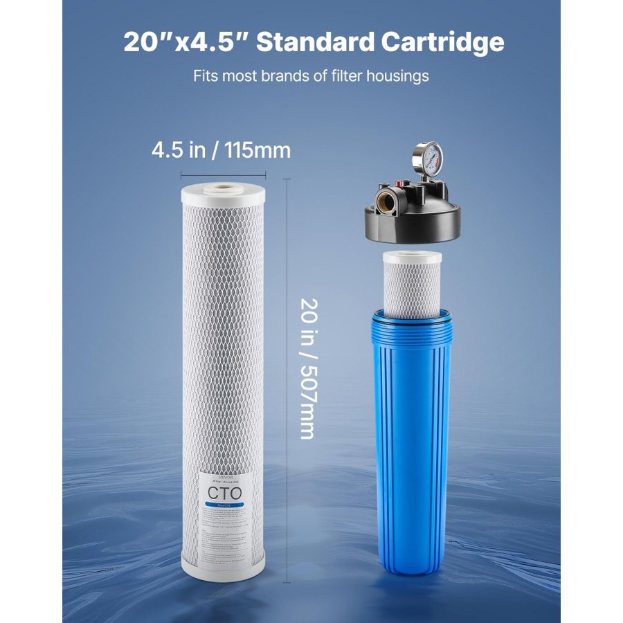 VEVOR Whole House Water Filter Replacement Cartridge, 4.5"x20"(11x51cm) CTO Carbon Block, Replacement Filter for Whole Home Water Filtration System, Reduce Chlorine, Bad Taste, Odor, 2 Pack