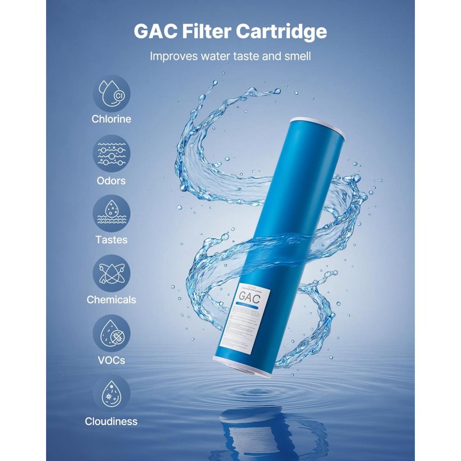 VEVOR Whole House Water Filter Replacement Cartridge, 4.5"x20"(11x51cm) GAC Activated Carbon, Replacement Filter for Whole Home Water Filtration System, Reduce Chlorine, Chemicals, Taste Odor