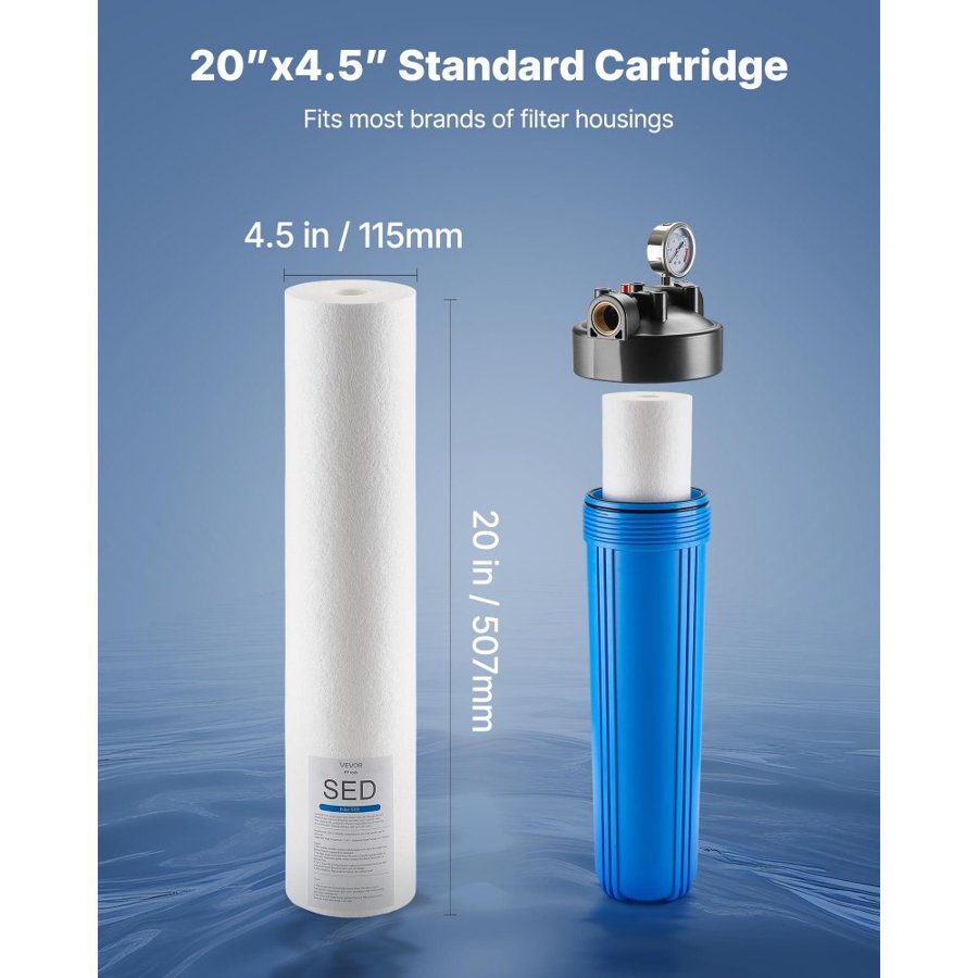 VEVOR Whole House Water Filter Replacement Cartridge, 4.5"x20"(11x51cm) Polypropylene Sediment Filter for 3-Stage Whole Home Water Filtration System, Reduce Sand, Rust, Chlorine, Taste, Odor