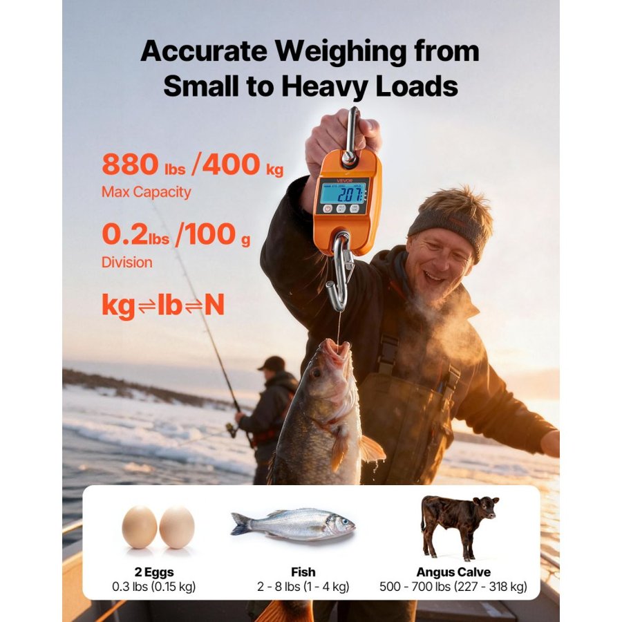 VEVOR Digital Crane Scale, 880 lbs/400 kg Max Capacity, Handheld Hanging Scale with Cast Aluminum Case & LCD Display, 100 g Division & 3 Unit Switch, Auto-Off Setting for Farm Hunting Fishing, Orange