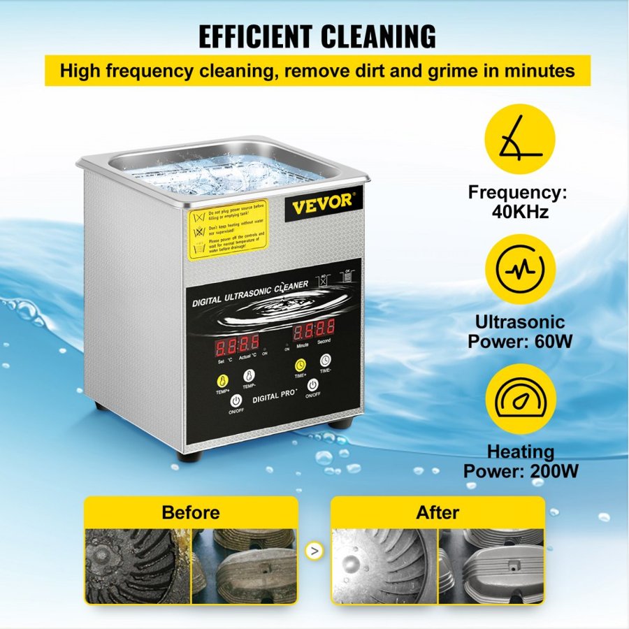 VEVOR 2 Liter Ultrasonic Cleaner – 60W, 40kHz, 200W Heater