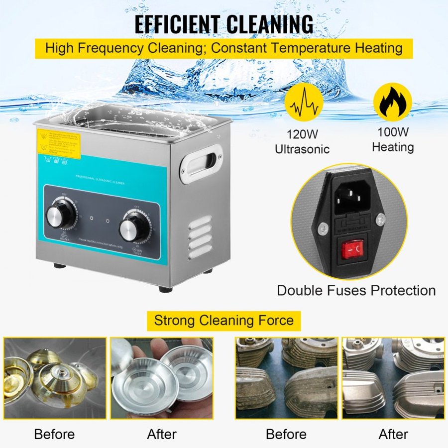 VEVOR Heated Ultrasonic Cleaner – 3L, 120W, 40kHz