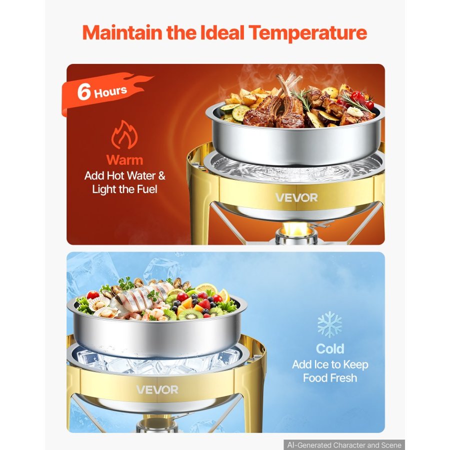VEVOR 1 Pack Chafing Dish for Buffet Set, 6QT/ 5.7L Stainless Steel Chafer, for Banquet Party Wedding  Catering Event, Round Roll Top Buffet Servers and Warmers, with 1 Pot, Glass Lid, Tong, Glass Pad