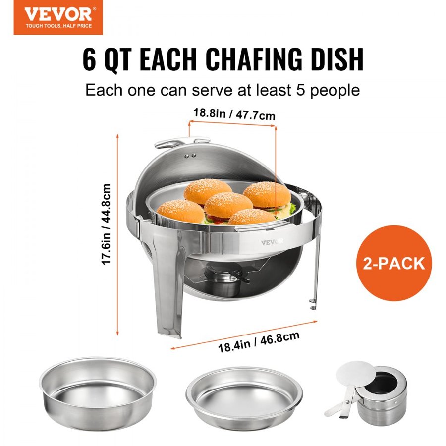 VEVOR Roll Top Chafing Dish Buffet Set, 6 Qt 2 Pack, Stainless Steel Chafer with 2 Full Size Pans, Round Catering Warmer Server with Lid Water Pan Stand Fuel Holder, for at Least 5 People