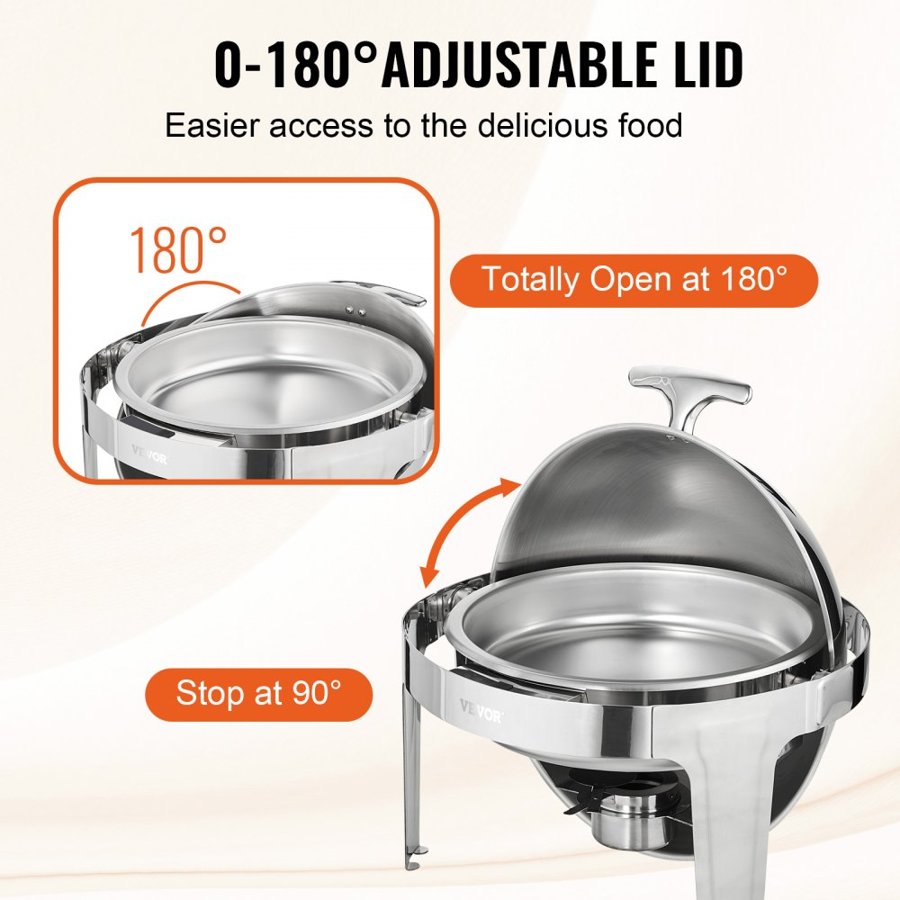 VEVOR Roll Top Chafing Dish Buffet Set, 6 Qt 2 Pack, Stainless Steel Chafer with 2 Full Size Pans, Round Catering Warmer Server with Lid Water Pan Stand Fuel Holder, for at Least 5 People