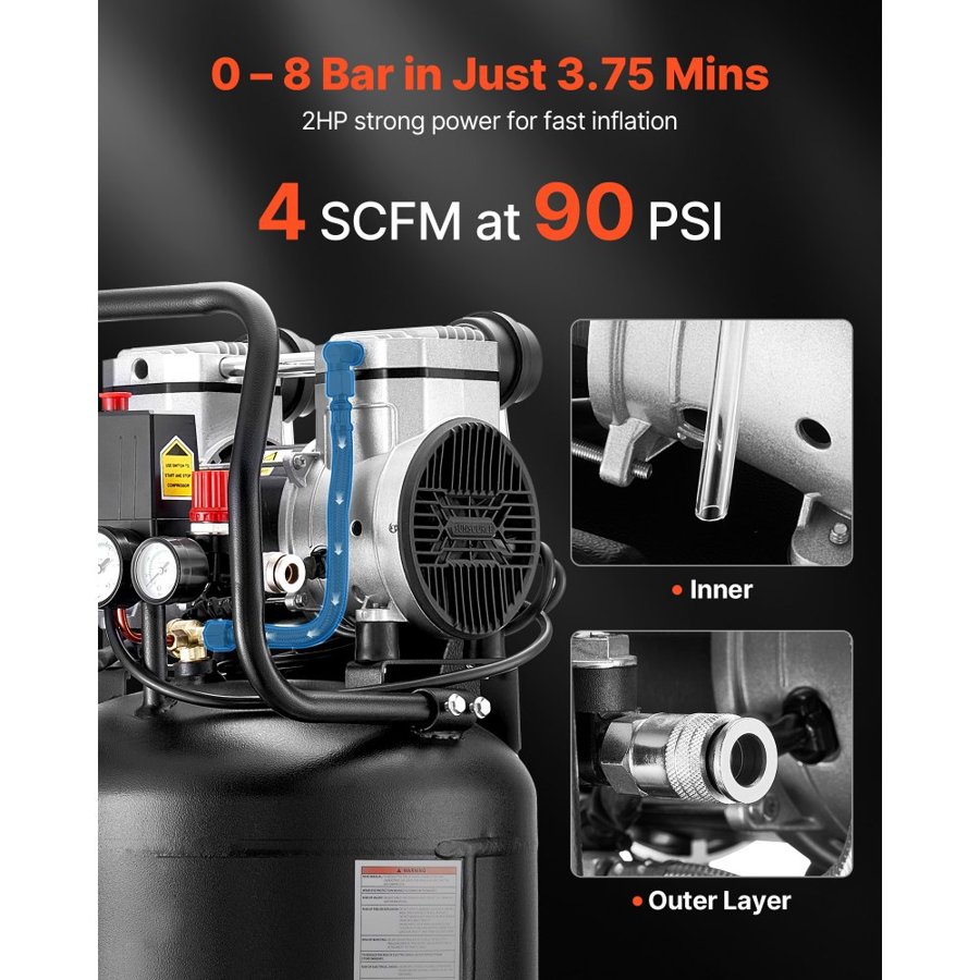 VEVOR 50L Air Compressor, 1.5 kW 113L/min at 6.2 Bar, Max 8 Bar Pressure Oil-Free Air Compressor Tank, Portable on Wheels for Auto Repair, Tire Inflation, Spray Painting, Woodwork Nailing