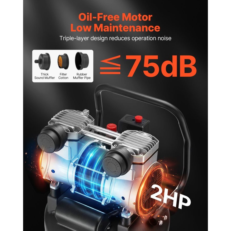 VEVOR 50L Air Compressor, 1.5 kW 113L/min at 6.2 Bar, Max 8 Bar Pressure Oil-Free Air Compressor Tank, Portable on Wheels for Auto Repair, Tire Inflation, Spray Painting, Woodwork Nailing