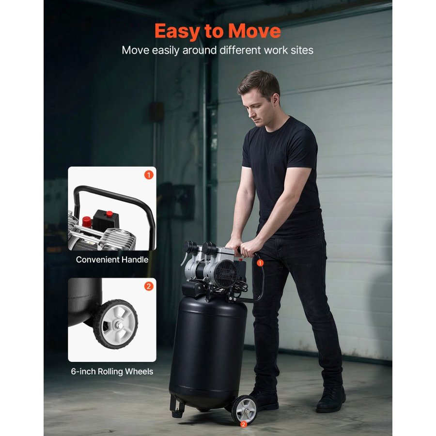 VEVOR 50L Air Compressor, 1.5 kW 113L/min at 6.2 Bar, Max 8 Bar Pressure Oil-Free Air Compressor Tank, Portable on Wheels for Auto Repair, Tire Inflation, Spray Painting, Woodwork Nailing