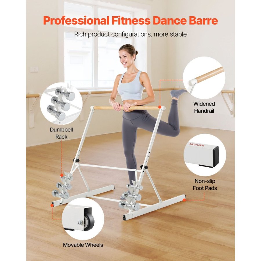 VEVOR Ballet Barre, Freestanding Portable Barre Bar, Home Fitness Exercise Equipment for Abs, Arms, Strength, and Cardio, Easy to Store Foldable Stretching Dance Bars, 4 Level Height Adjustable