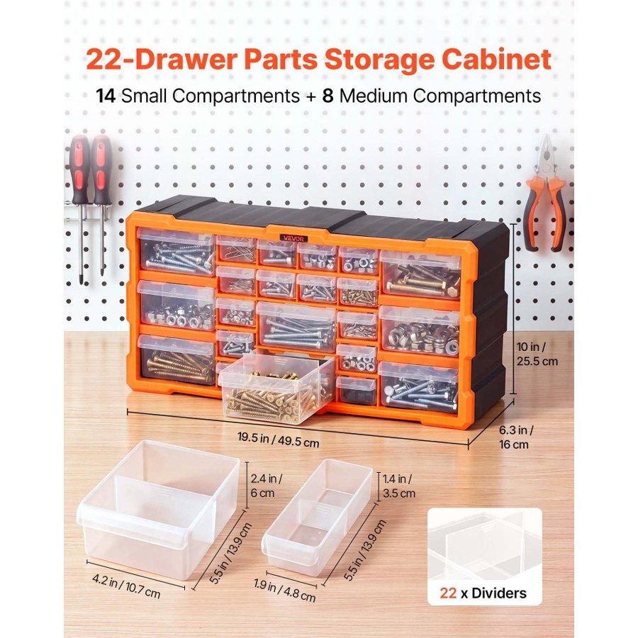 VEVOR 22-Drawer Storage Organizer, Plastic, Drawer Storage Cabinet for Garage Organization, Stackable Small Parts Organizer, Wall-Mounted Toolbox, for Hardware, Beads, Screws, Crafts, Building Bricks
