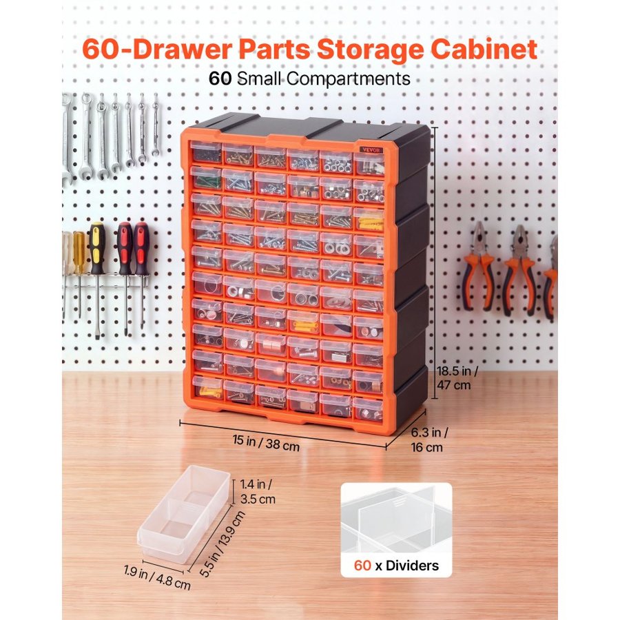 VEVOR 60-Drawer Storage Organizer, Plastic, Drawer Storage Cabinet for Garage Organization, Stackable Small Parts Organizer, Wall-Mounted Toolbox, for Hardware, Beads, Screws, Crafts, Building Bricks