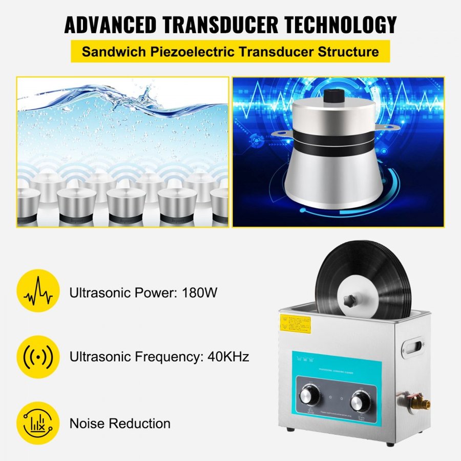 VEVOR Ultrasonic Vinyl Record Cleaner – 6L, 40kHz, 4 Records