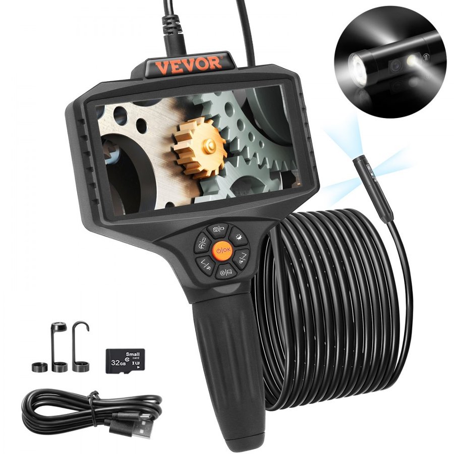 VEVOR Triple Lens Inspection Camera with Light, 12.7cm IPS Screen Industrial Borescope, 8X Zoom 1080P HD Split Screen, 10 LED Lights Scope Camera for Automotive, Plumbing (5m)