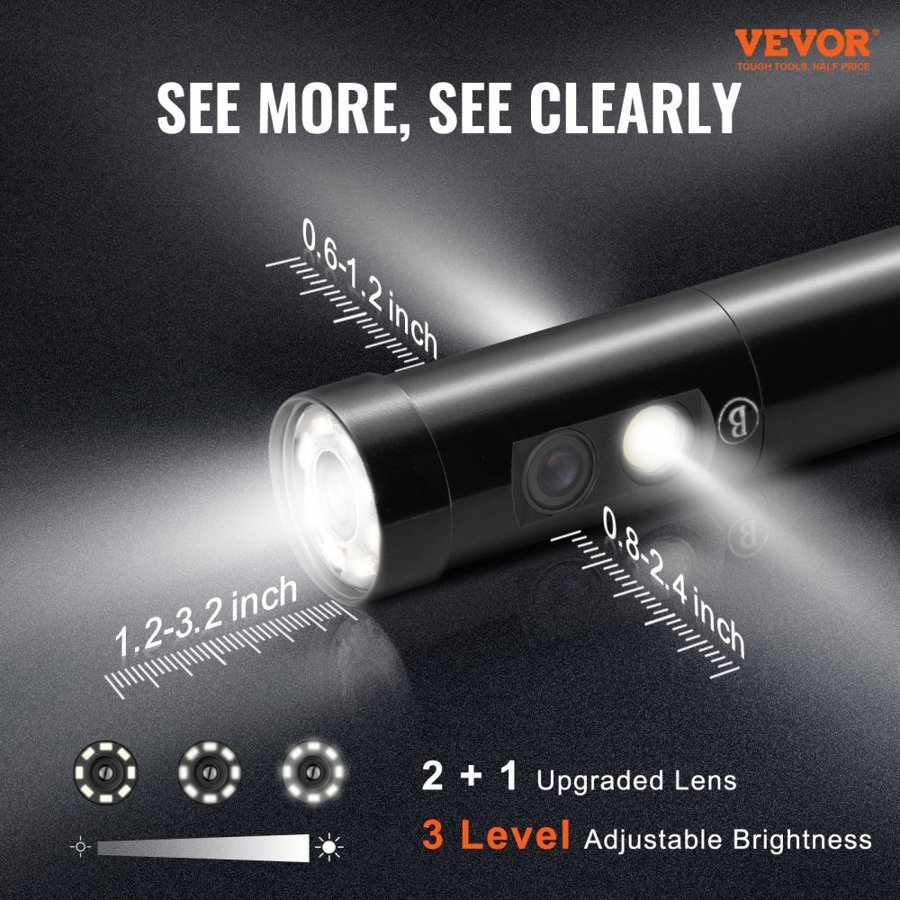 VEVOR Triple Lens Inspection Camera with Light, 12.7cm IPS Screen Industrial Borescope, 8X Zoom 1080P HD Split Screen, 10 LED Lights Scope Camera for Automotive, Plumbing (5m)